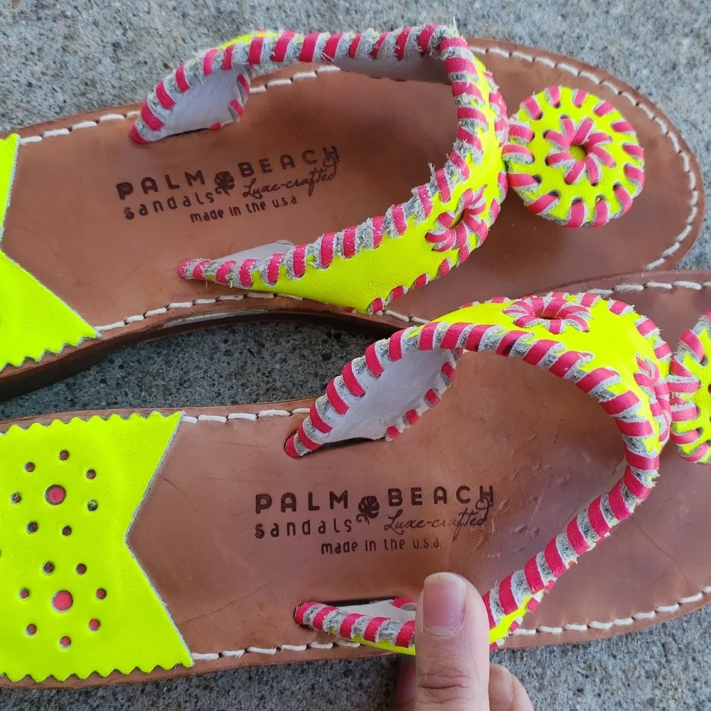Palm Beach Handmade Leather Neon Green Pink Sandals Size 8 Beachy Tropical USA - Picture 10 of 16